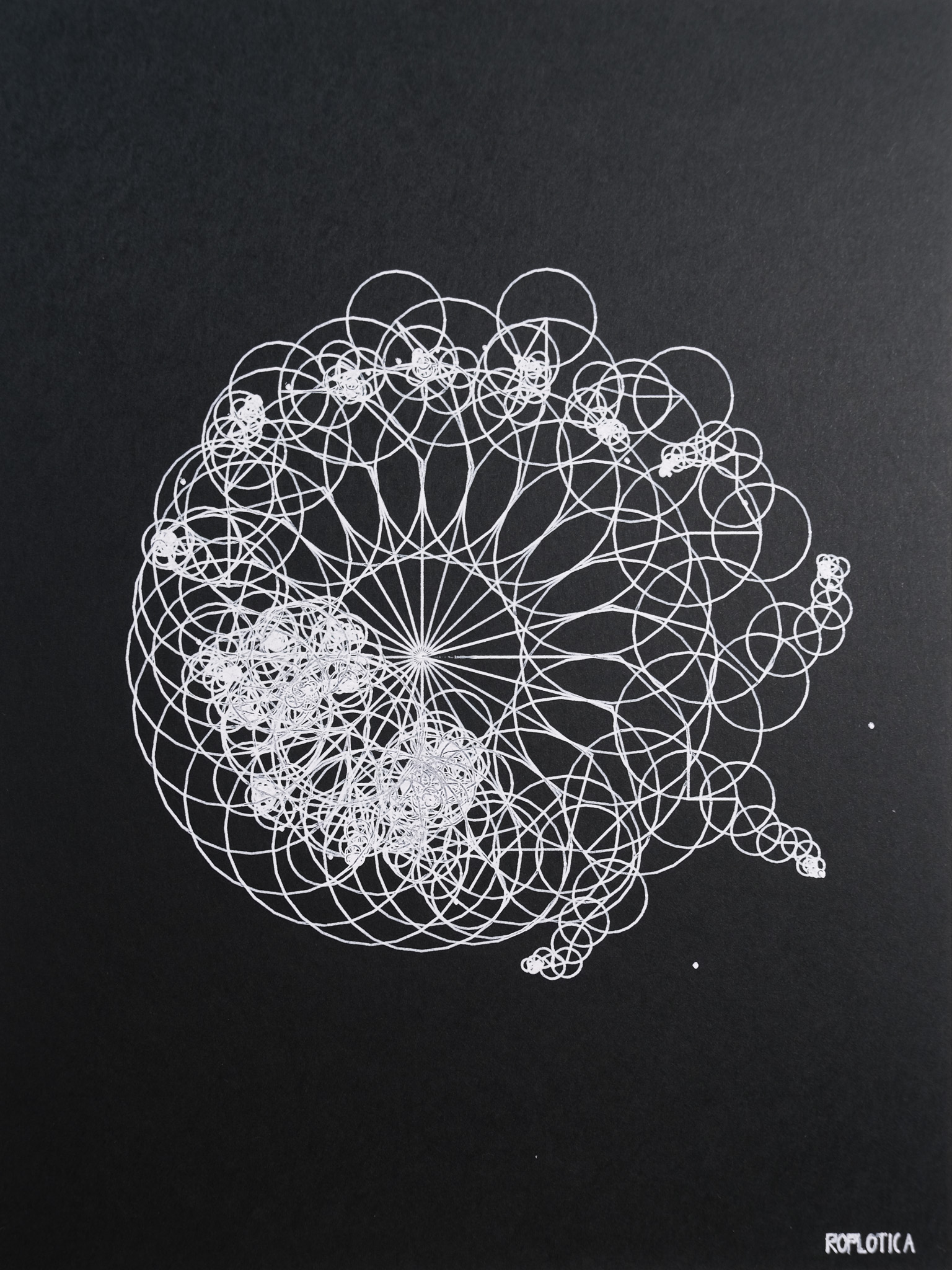 Fourier Epicycles — recursive circle packing in white ink on black Bristol