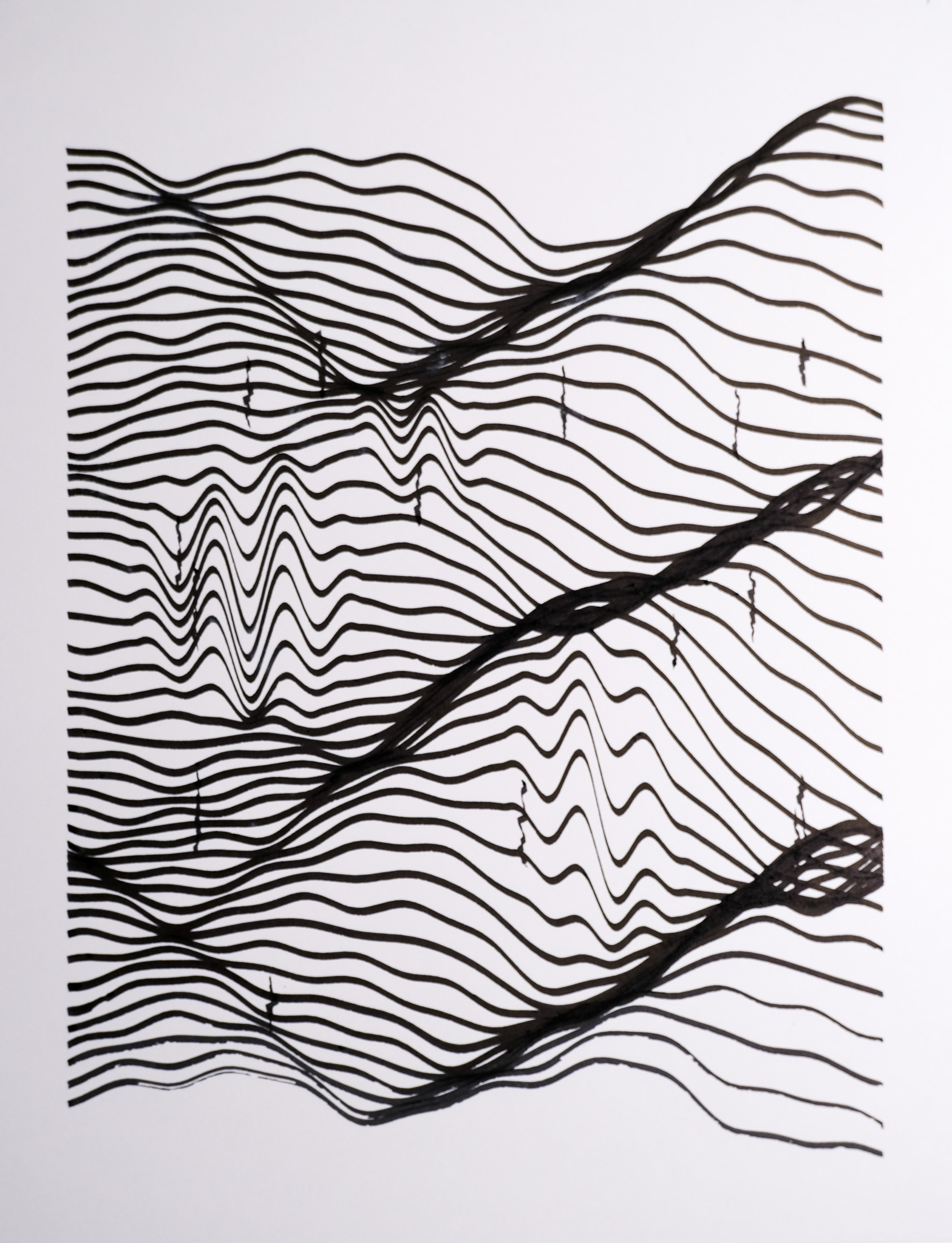 Wind Erosion — layered strata shaped by invisible force, pen plotted in black ink